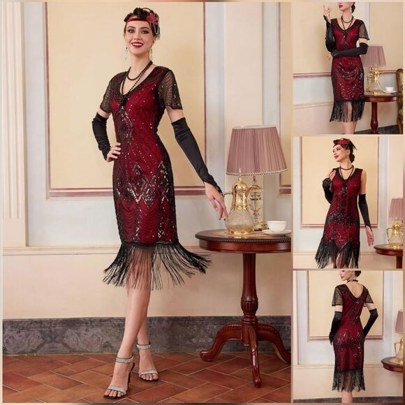 ☔️🩵⏭️NWT Red & Black Gatsby Flapper Dress 5-Piece Set Medium - Picture 13 of 14